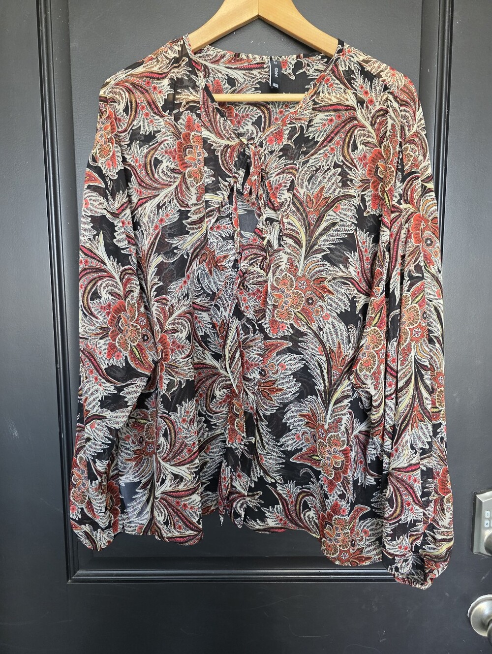 MNG Mango Paisley Floral Tie Neck Long Sleeve Sheer Blouse Black Red 2XL Y2k